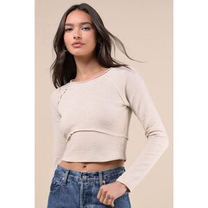 Lulus Easy Energy Cream Knit Raglan Sleeve Crop Top White - Size L